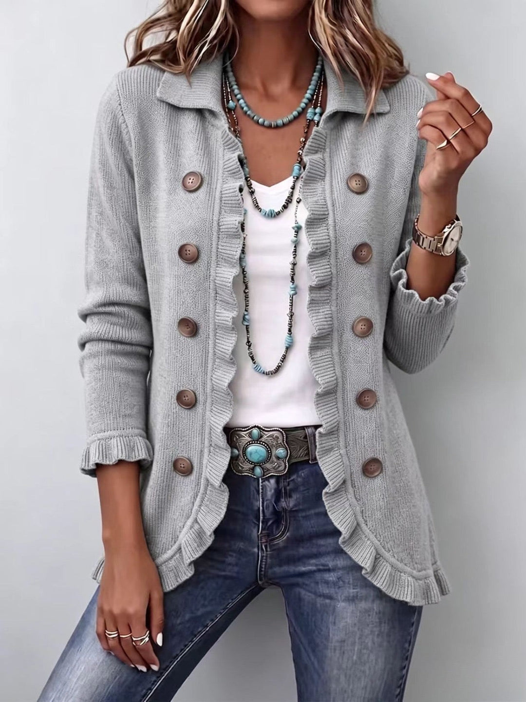 Elowen | Veste à volants en tricot côtelé gris chiné