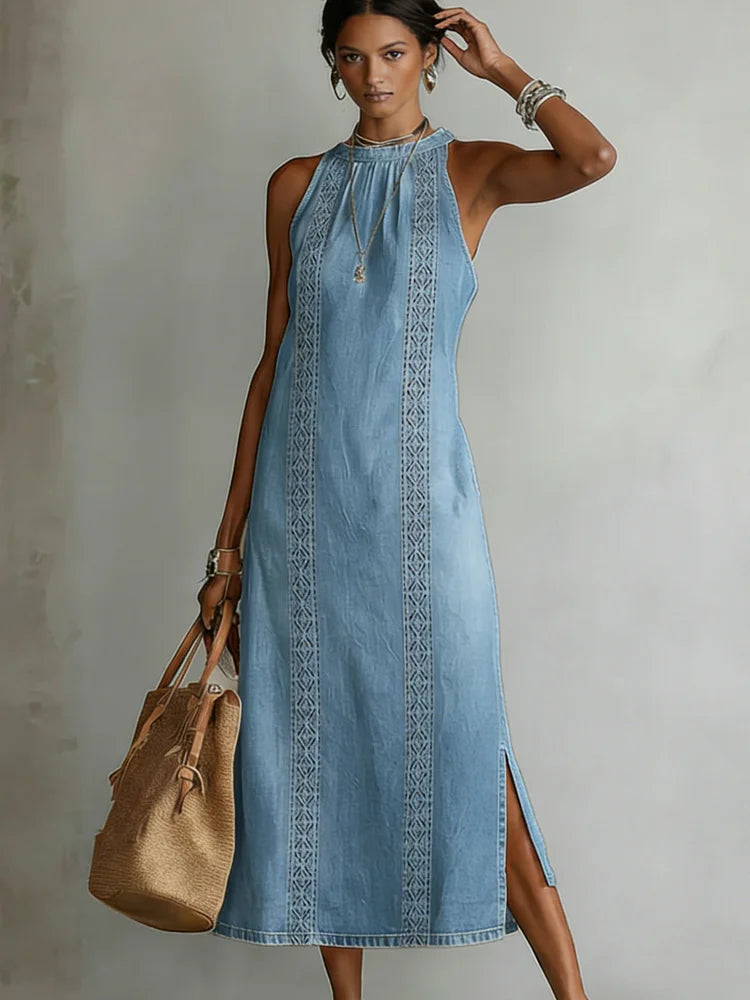 Júlia - Robe en Denim avec Dentelle Rétro