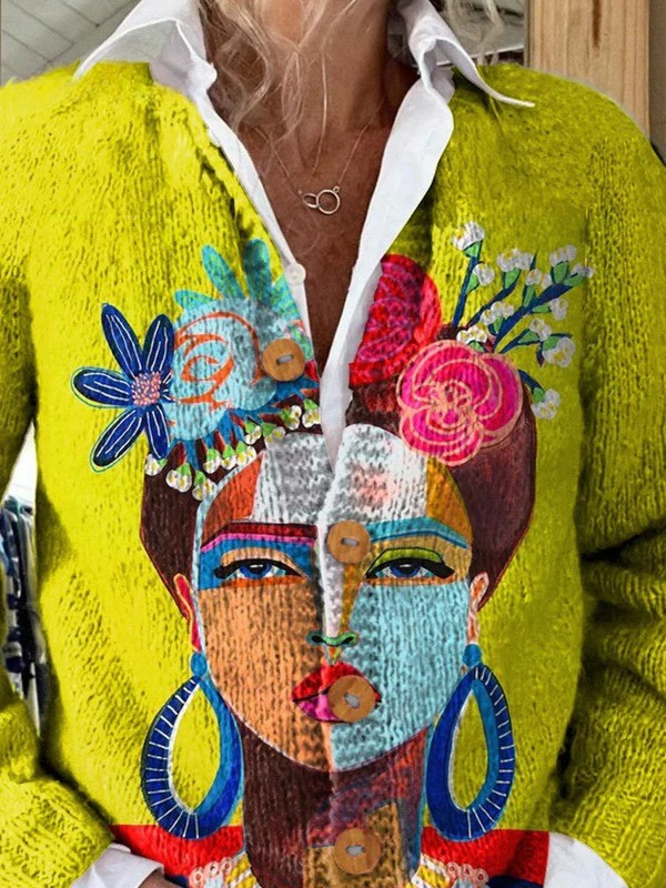 Martine - Cardigan à imprimé de portrait peint et boutons
