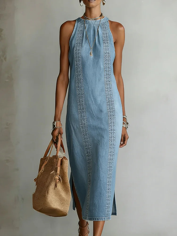 Júlia - Robe en Denim avec Dentelle Rétro