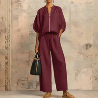Aline - Ensemble de deux pièces : Chemise de style décontracté et pantalon à jambe large