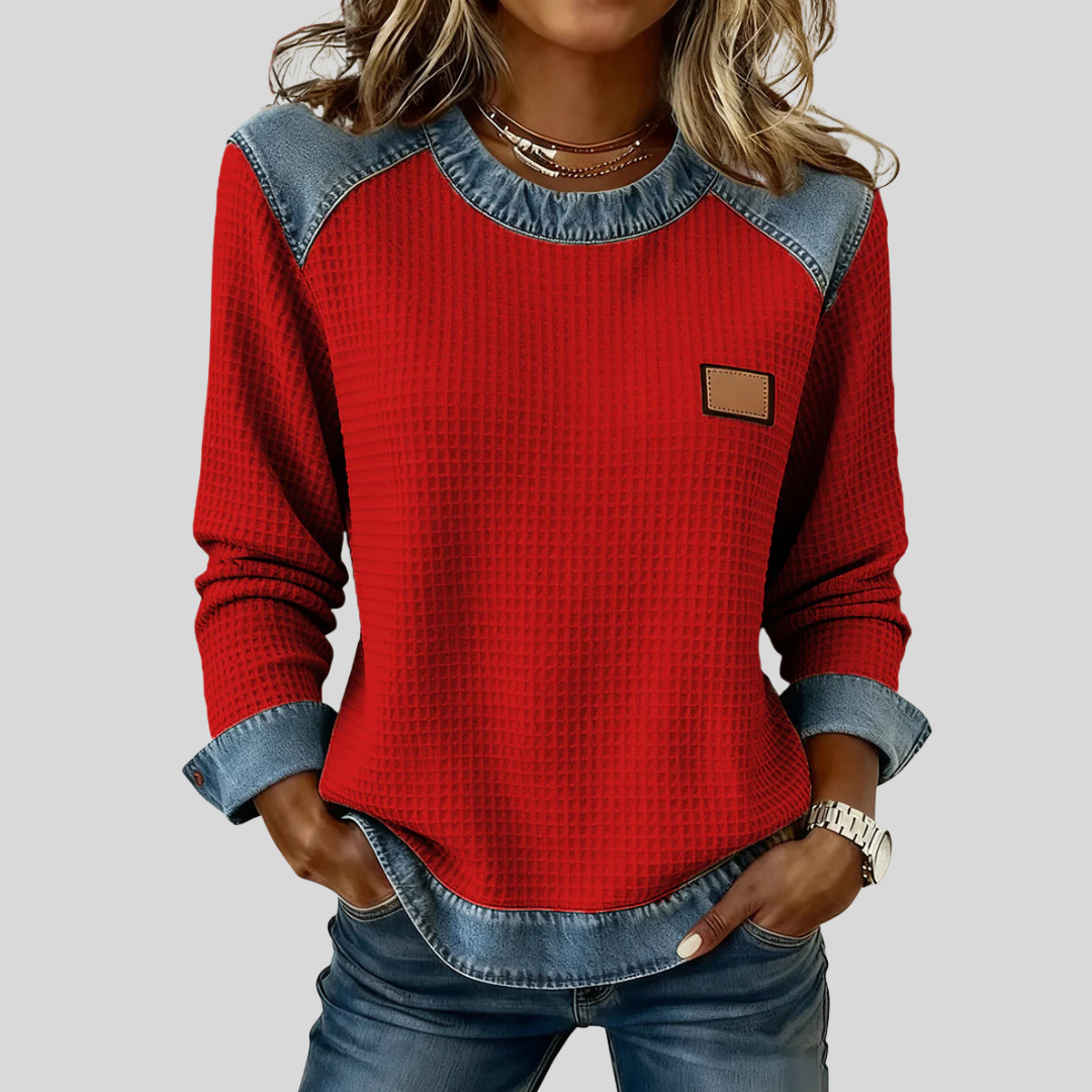 Gloria | Sweat bicolore à col rond en maille gaufrée