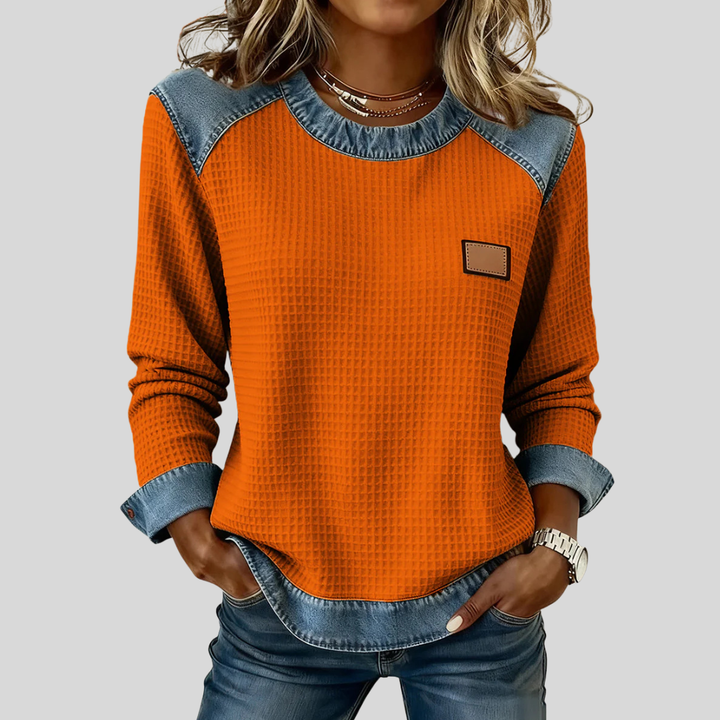 Gloria | Sweat bicolore à col rond en maille gaufrée