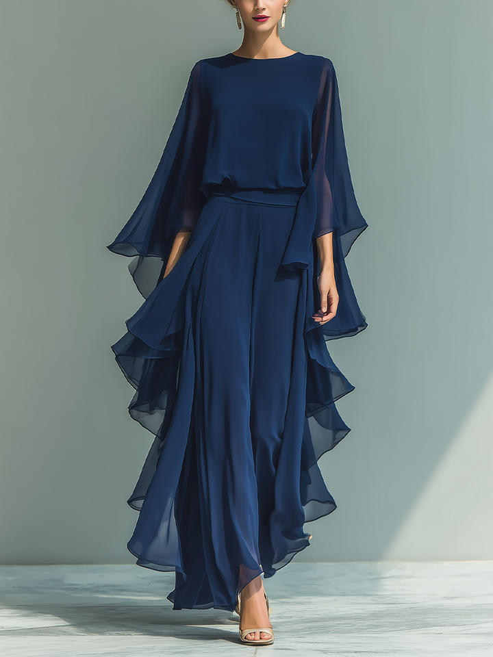 Clémence - Ensemble en Chiffon Bleu Marine avec Volants