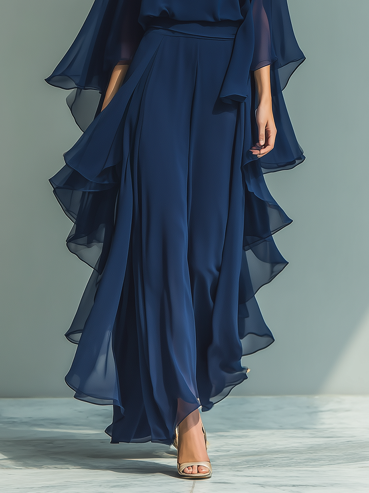Clémence - Ensemble en Chiffon Bleu Marine avec Volants