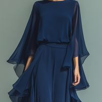 Clémence - Ensemble en Chiffon Bleu Marine avec Volants
