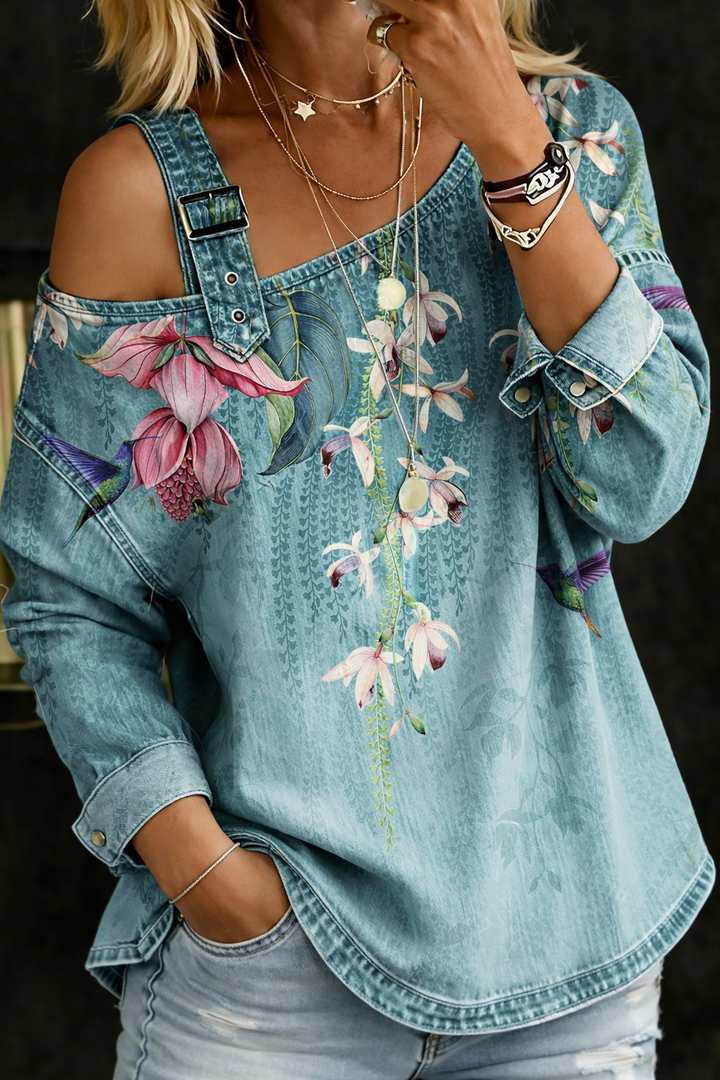 Alice - Top en Denim avec Épaules Dégagées