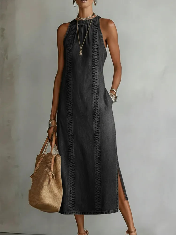Júlia - Robe en Denim avec Dentelle Rétro