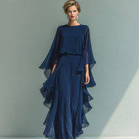 Clémence - Ensemble en Chiffon Bleu Marine avec Volants