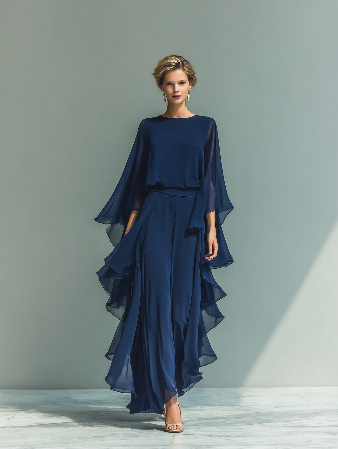 Clémence - Ensemble en Chiffon Bleu Marine avec Volants