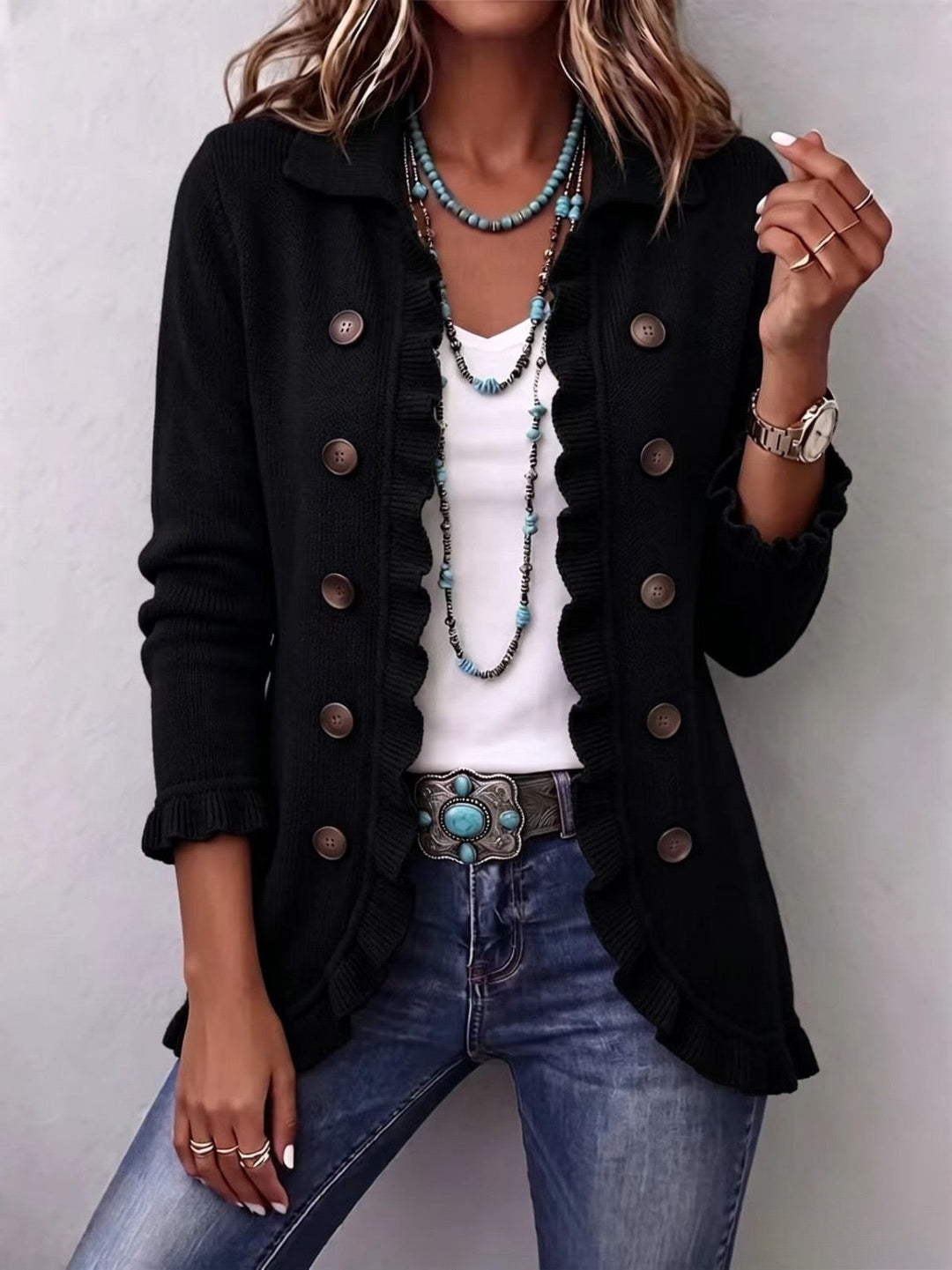 Camille | Veste en maille côtelée noire à volants