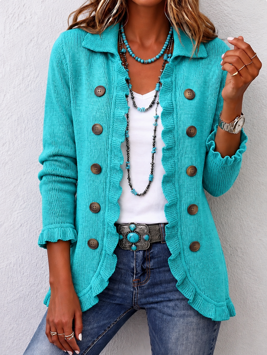 Marine | Veste en maille côtelée turquoise à volants