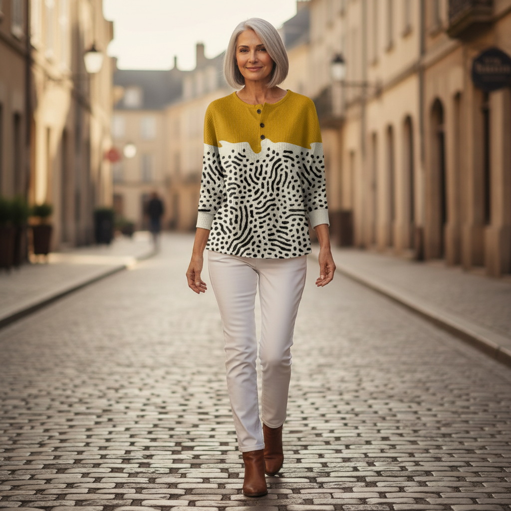 Fleur - Pull jaune moutarde à motif pois
