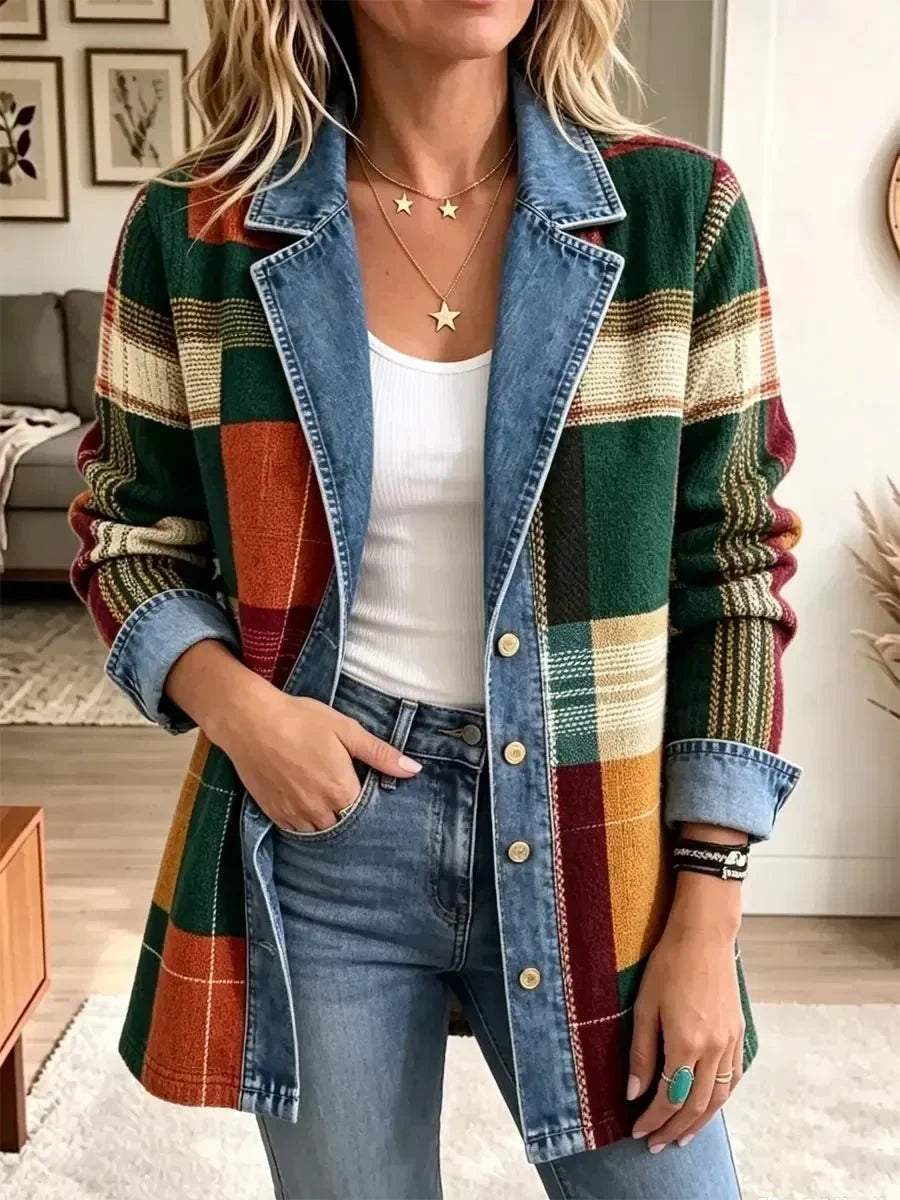 Luisa | Veste en jean rétro à carreaux artistiques