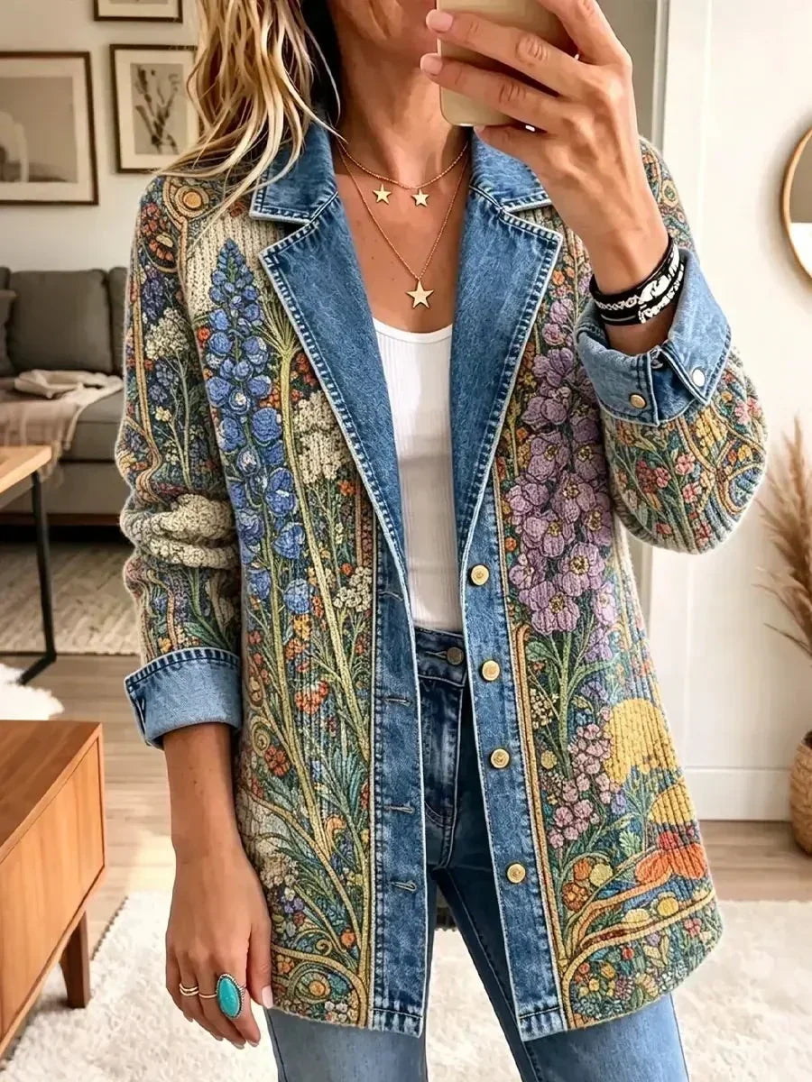Katharina | Veste en jean vintage à imprimé fleuri
