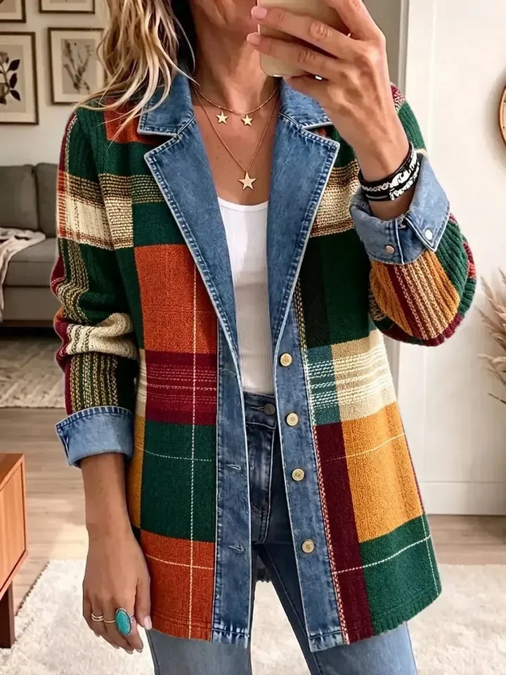 Luisa | Veste en jean rétro à carreaux artistiques
