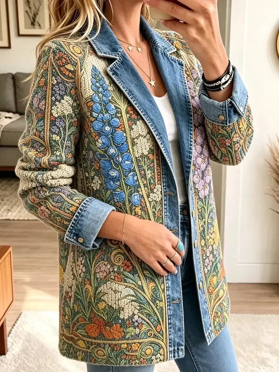 Katharina | Veste en jean vintage à imprimé fleuri