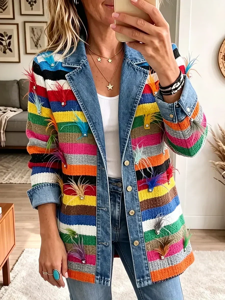 Antonia | Veste en jean vintage à imprimé plumes