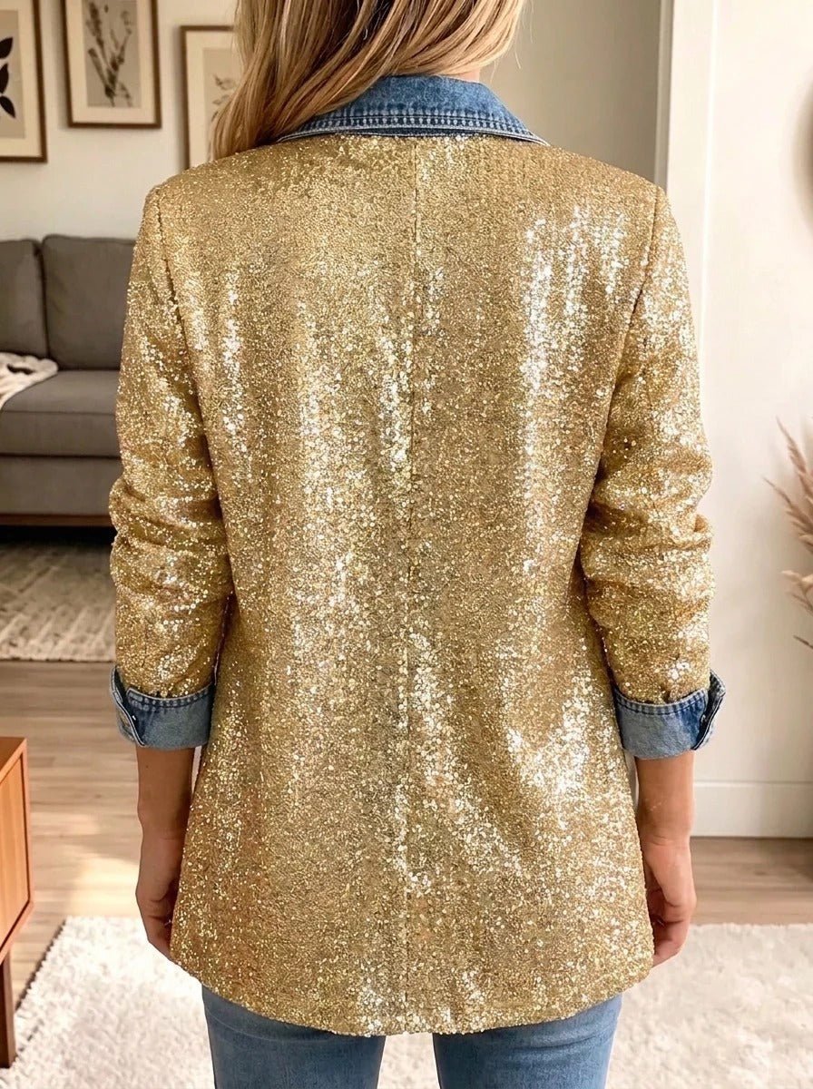 Greta | Veste en jean patchwork à détails dorés scintillants