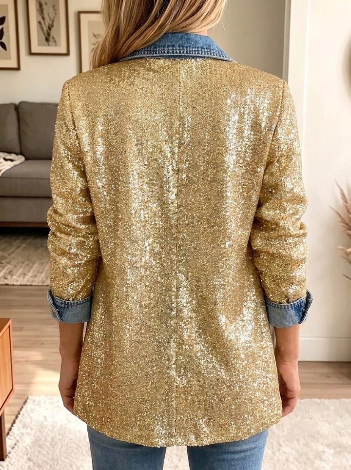 Greta | Veste en jean patchwork à détails dorés scintillants