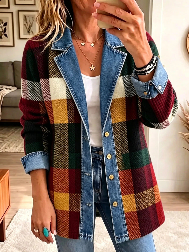 Anneliese | Veste en jean à carreaux et empiècements contrastants