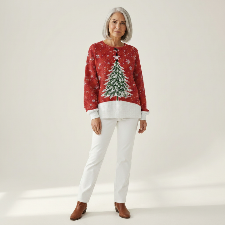 Isa - Pull de Noël rouge à motif sapin