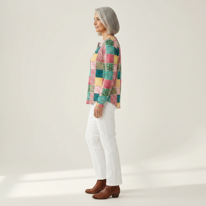 Merel - Pull patchwork rose et turquoise