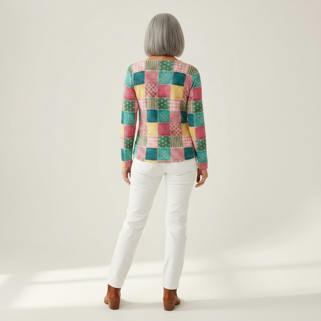 Merel - Pull patchwork rose et turquoise