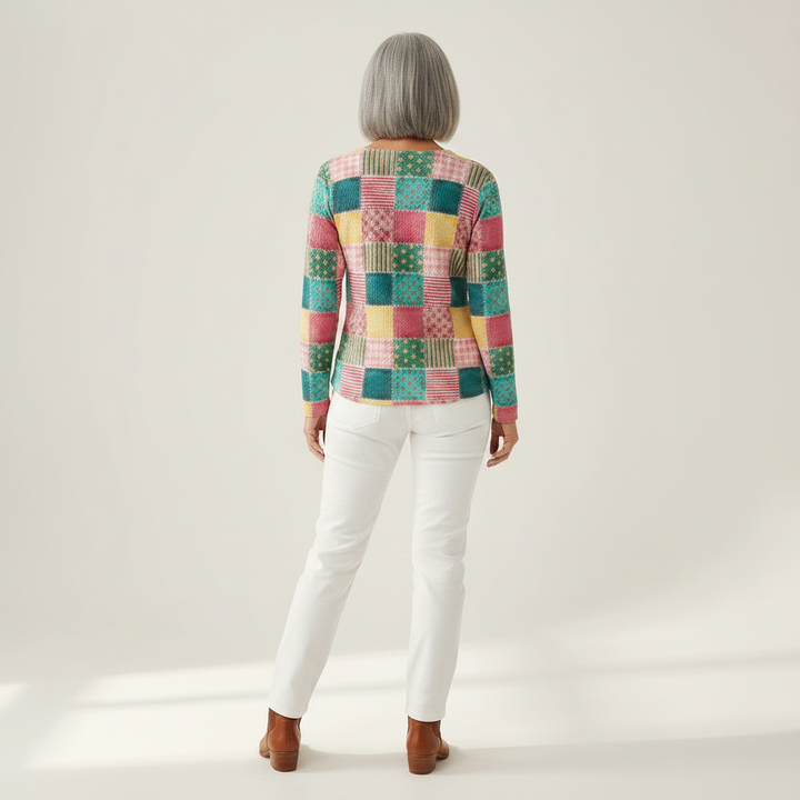 Merel - Pull patchwork rose et turquoise
