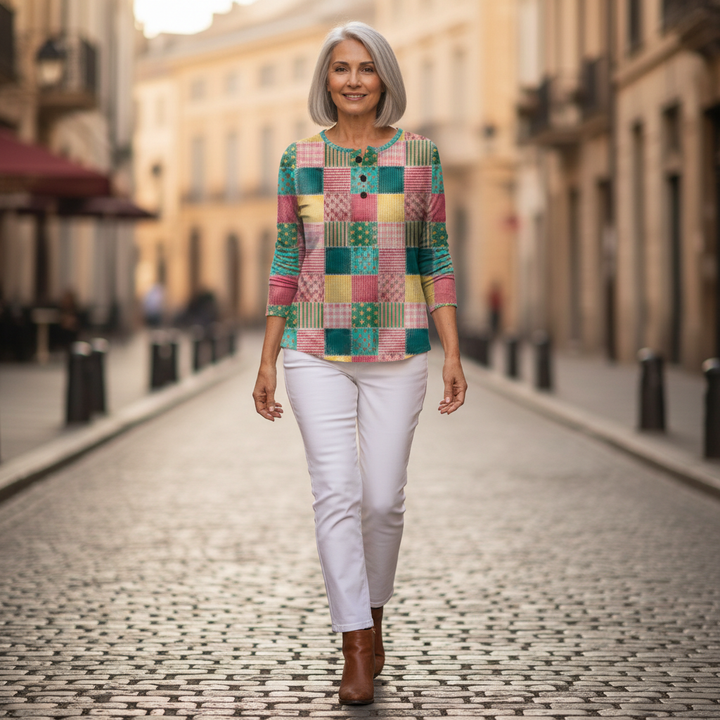 Merel - Pull patchwork rose et turquoise
