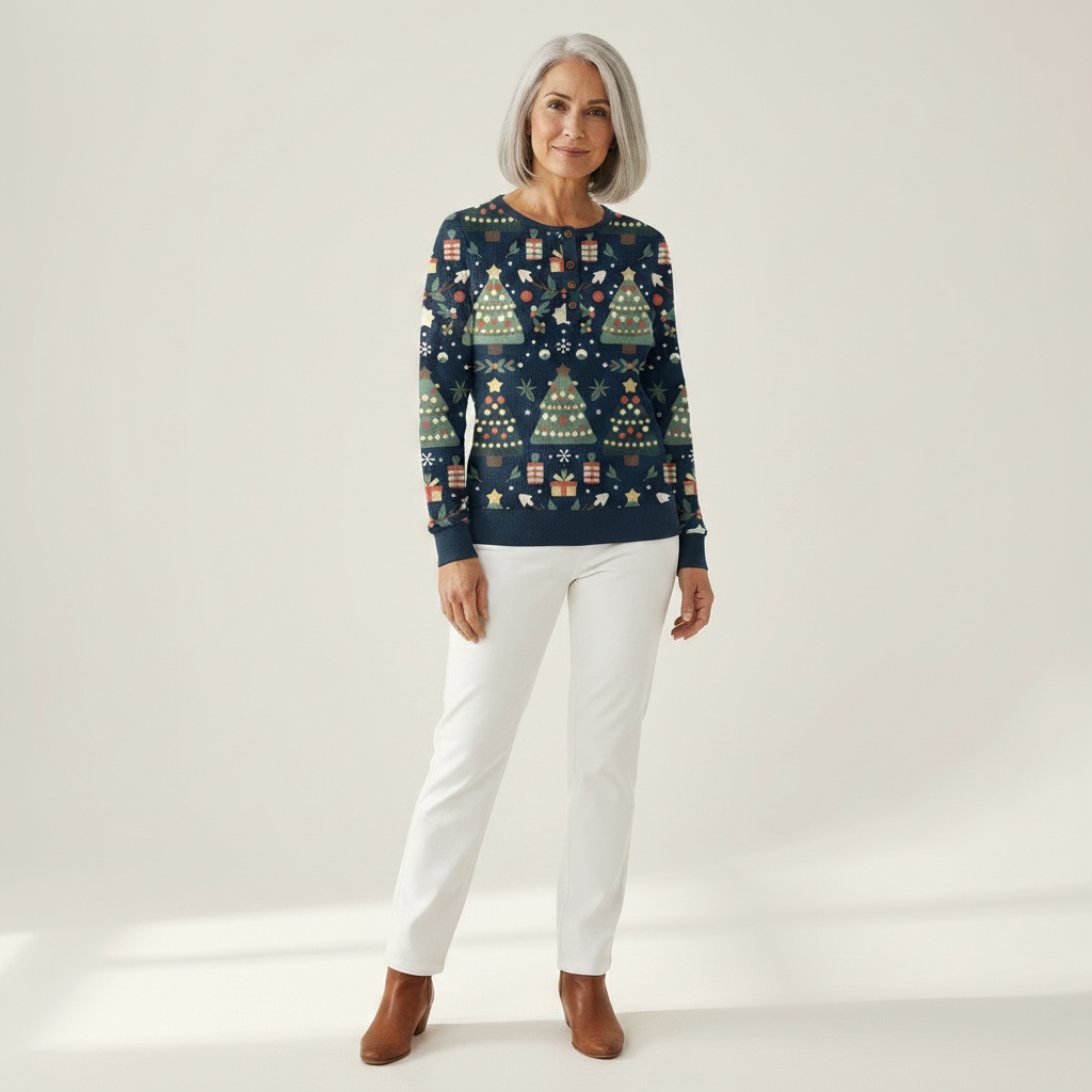 Mila - Pull de Noël bleu foncé à motif sapins