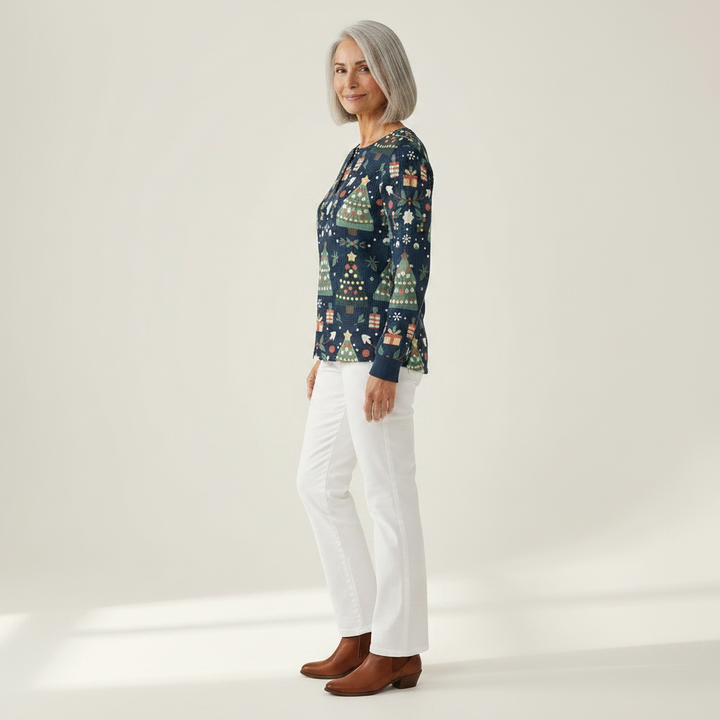 Mila - Pull de Noël bleu foncé à motif sapins