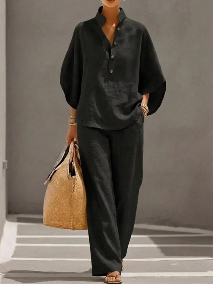 Marielle - Ensemble en lin avec manches chauve-souris et pantalon large