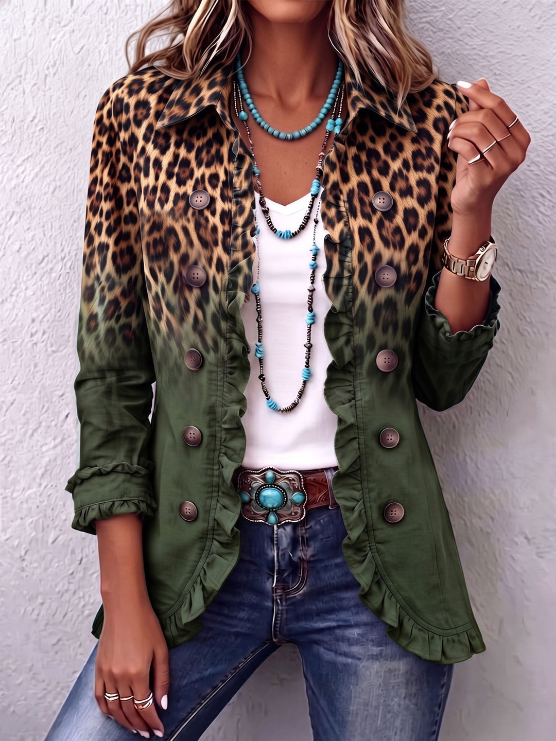 Romane | Blazer léopard vert ombré à volants