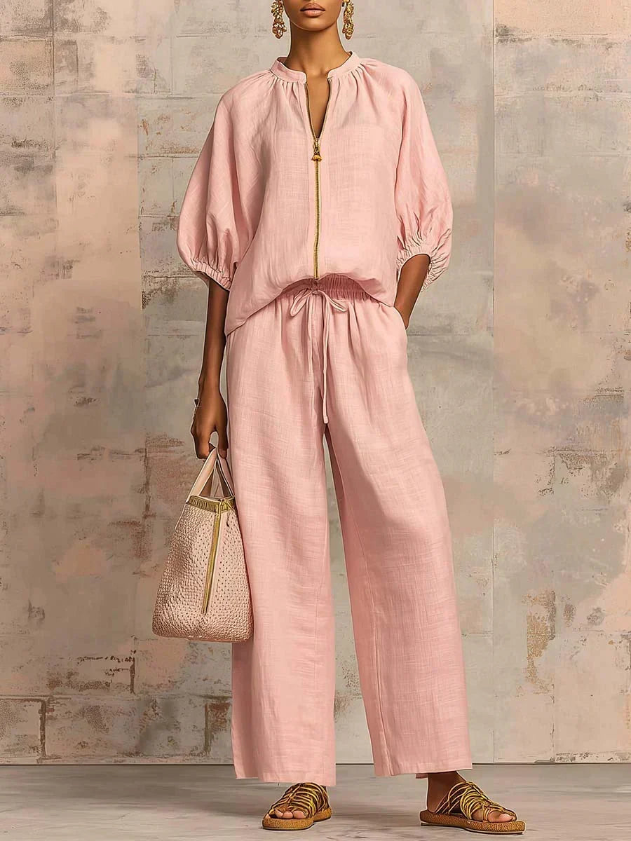 Aline - Ensemble de deux pièces : Chemise de style décontracté et pantalon à jambe large