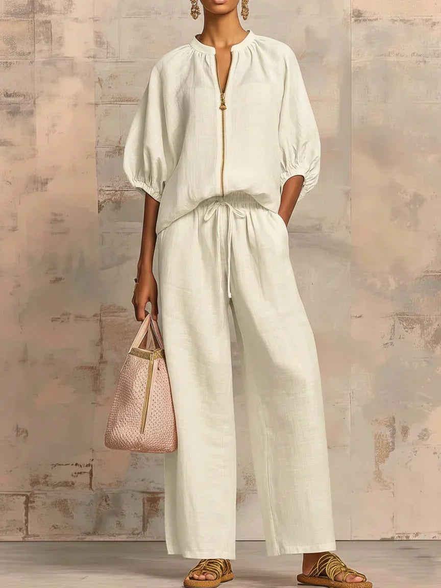 Aline - Ensemble de deux pièces : Chemise de style décontracté et pantalon à jambe large