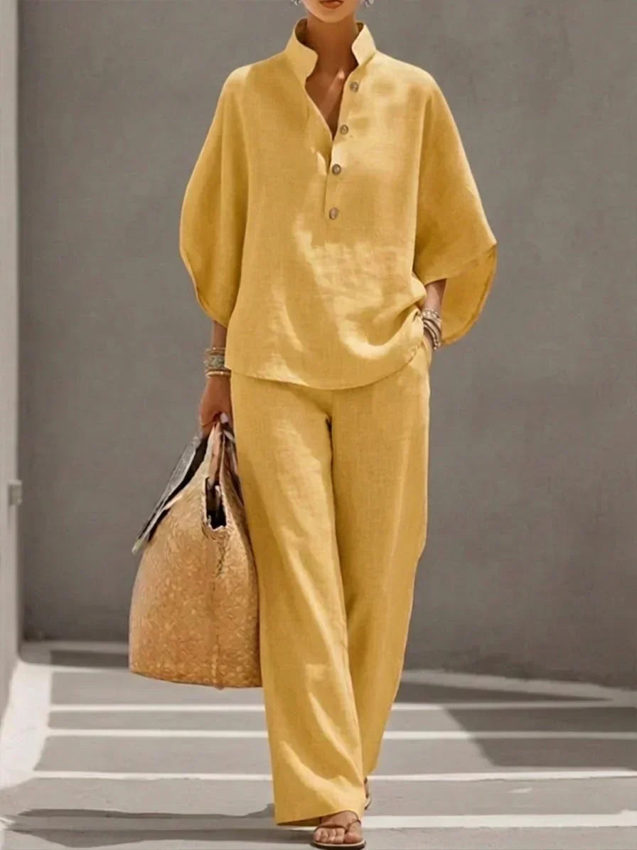 Marielle - Ensemble en lin avec manches chauve-souris et pantalon large