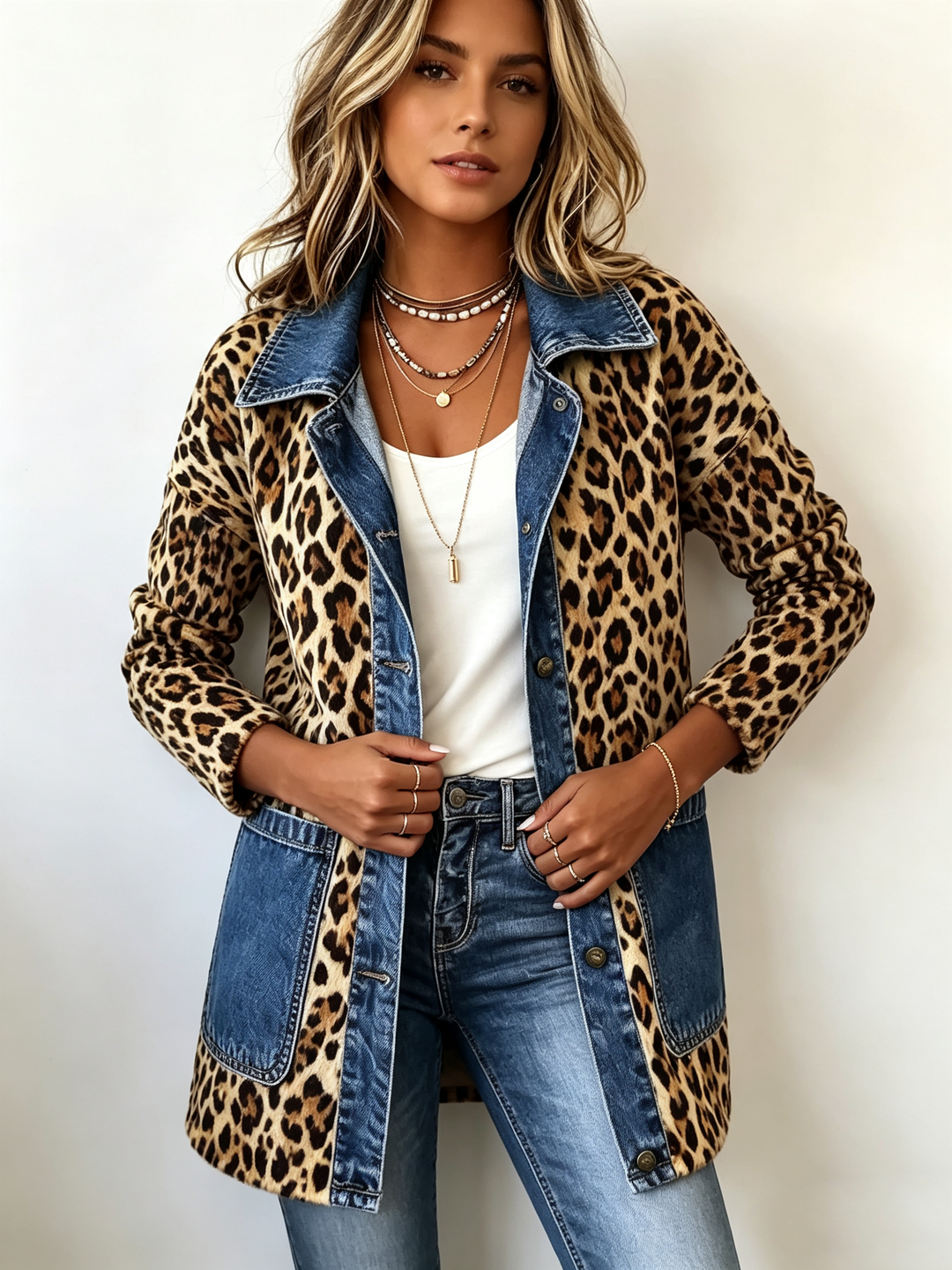 Louise | Veste longue léopard et denim