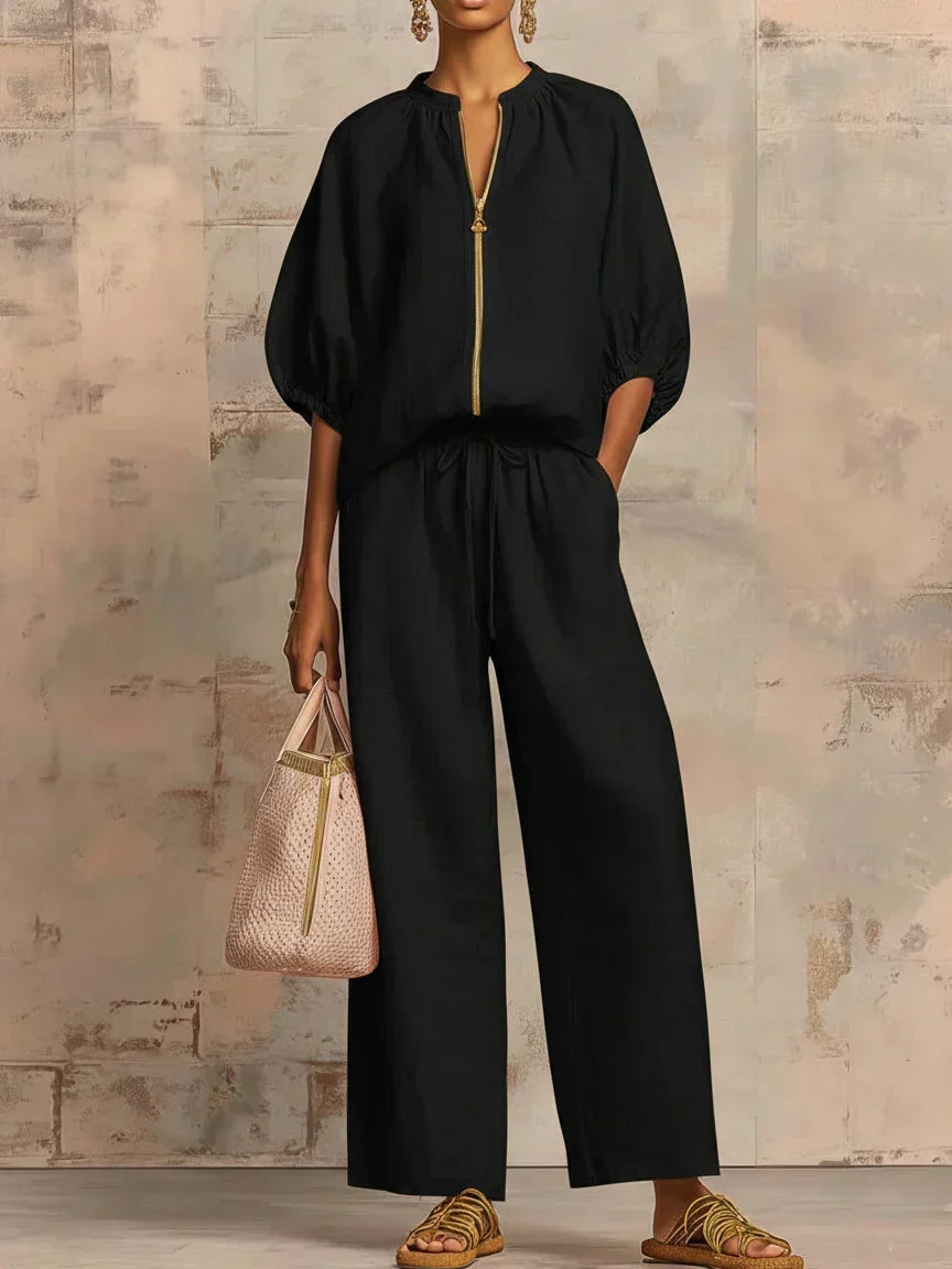 Aline - Ensemble de deux pièces : Chemise de style décontracté et pantalon à jambe large