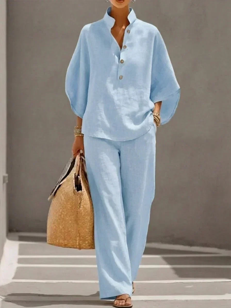 Marielle - Ensemble en lin avec manches chauve-souris et pantalon large