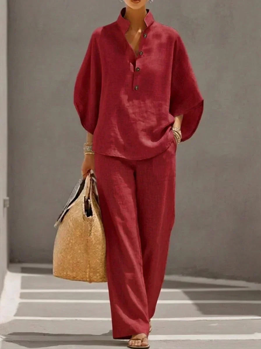 Marielle - Ensemble en lin avec manches chauve-souris et pantalon large
