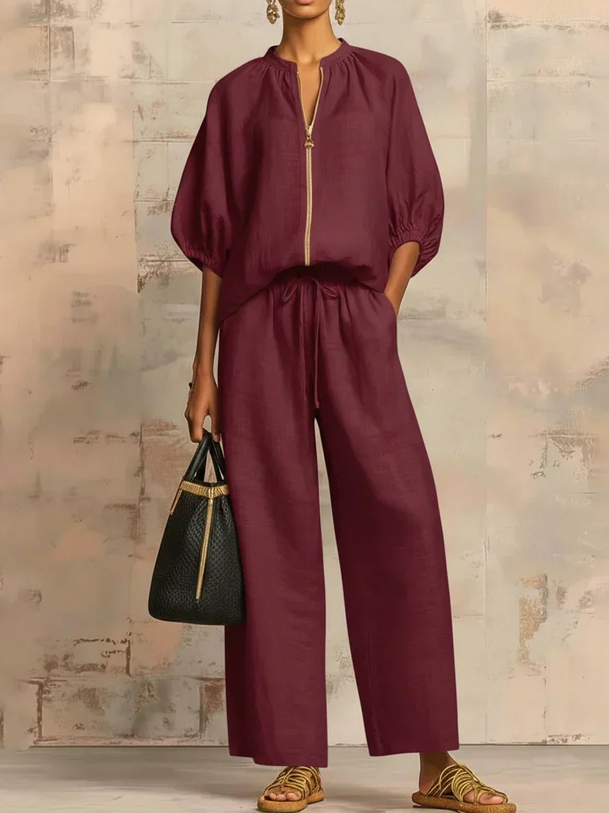 Aline - Ensemble de deux pièces : Chemise de style décontracté et pantalon à jambe large