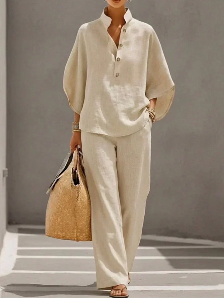 Marielle - Ensemble en lin avec manches chauve-souris et pantalon large