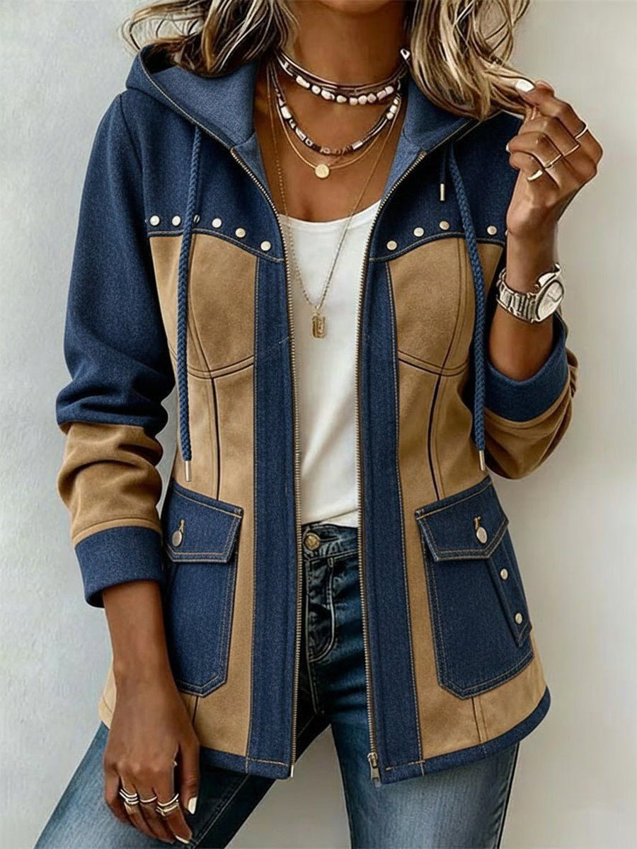 Adèle | Veste à capuche bleu marine et camel