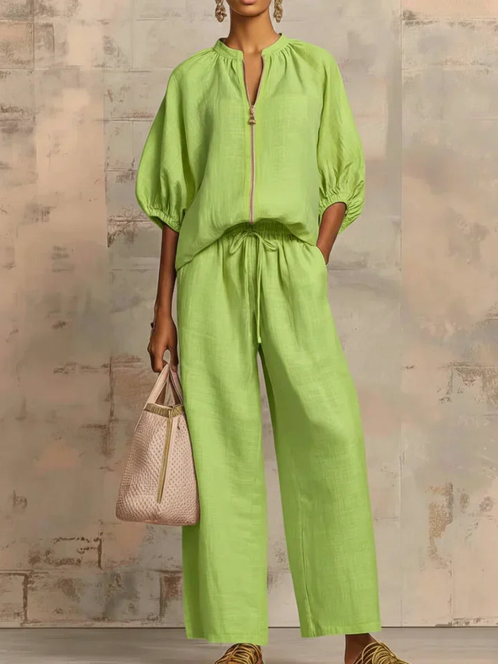 Aline - Ensemble de deux pièces : Chemise de style décontracté et pantalon à jambe large