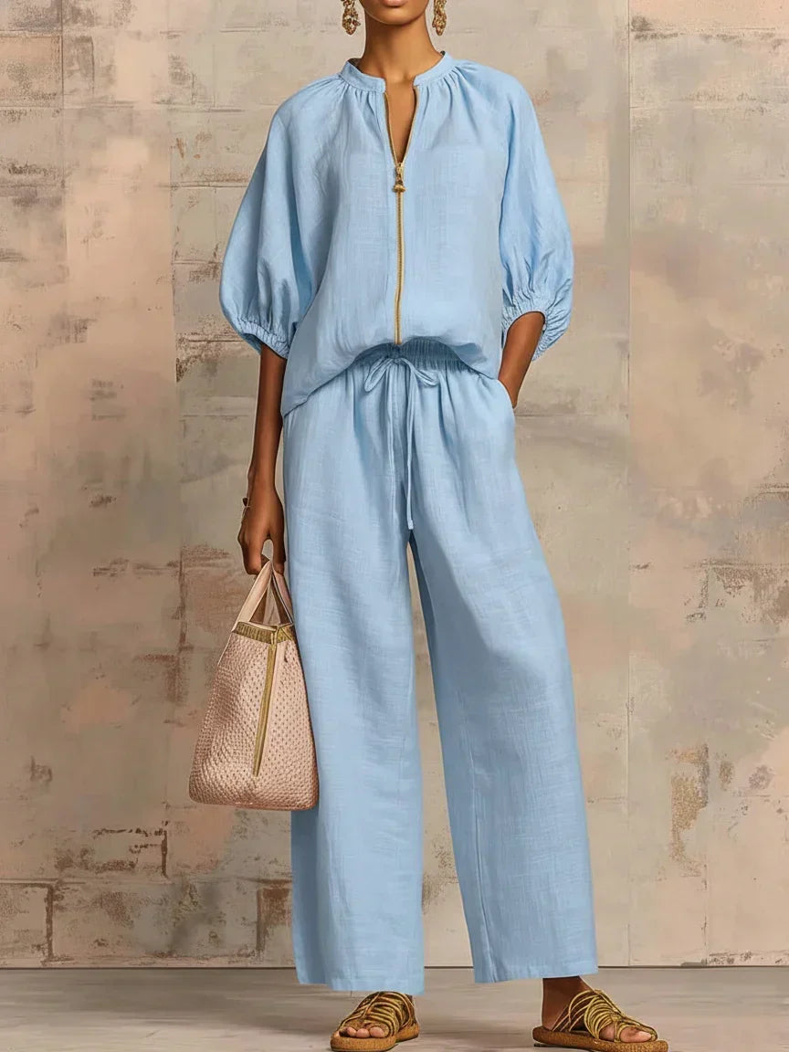 Aline - Ensemble de deux pièces : Chemise de style décontracté et pantalon à jambe large