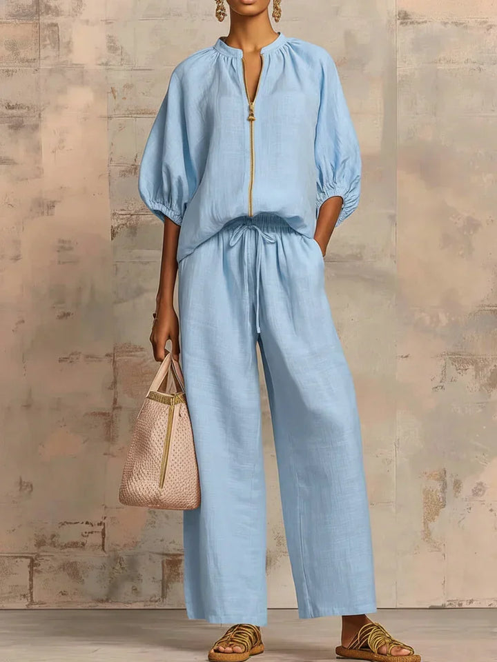 Aline - Ensemble de deux pièces : Chemise de style décontracté et pantalon à jambe large