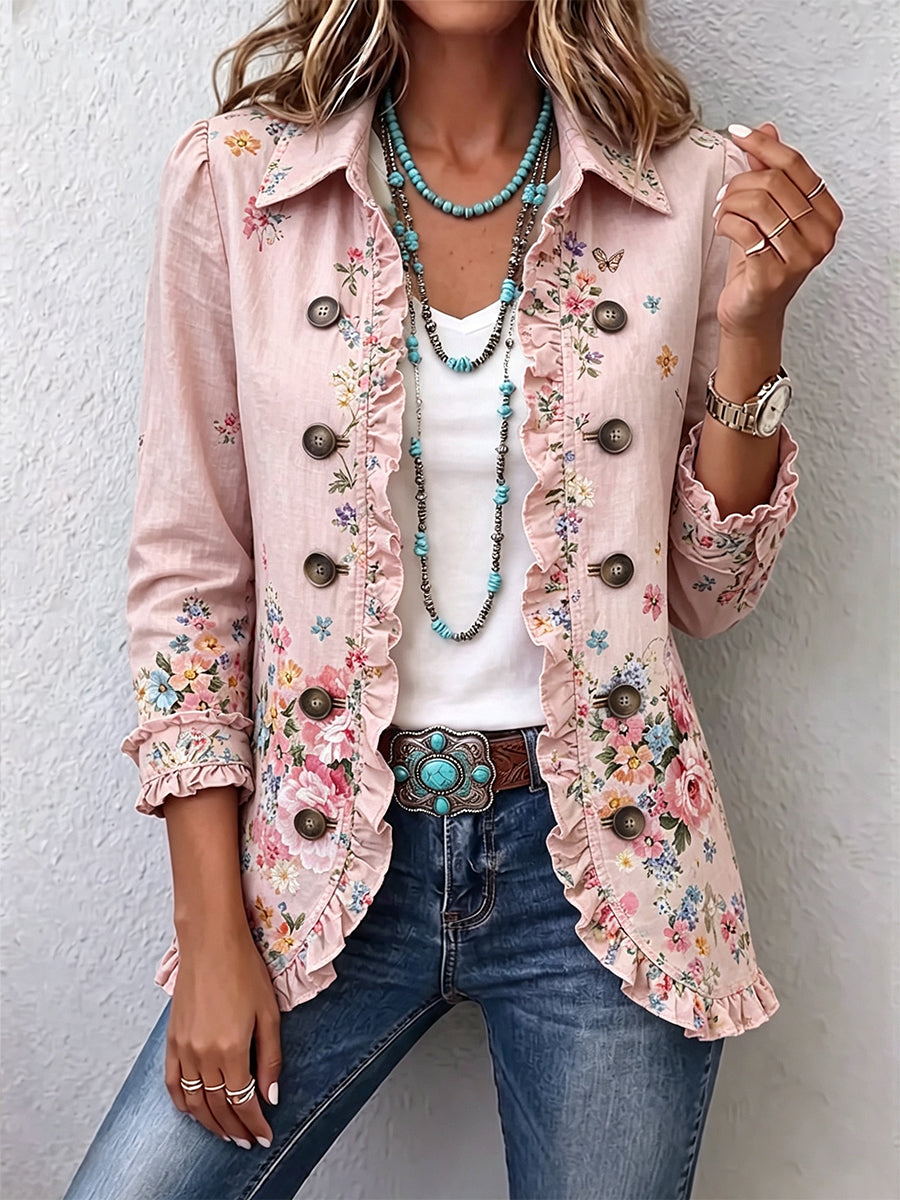 Léonie | Veste fleurie boutonnée à volants