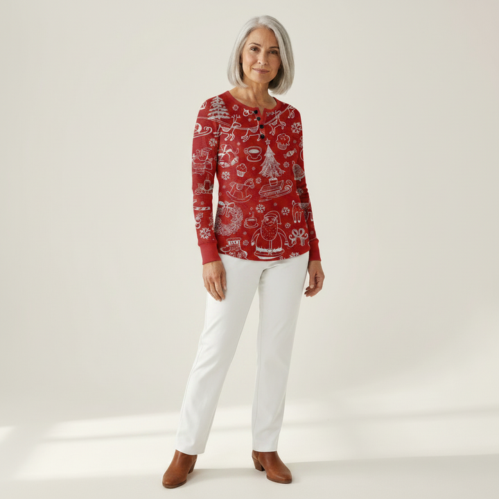 Renske - Pull de Noël rouge à motifs blancs