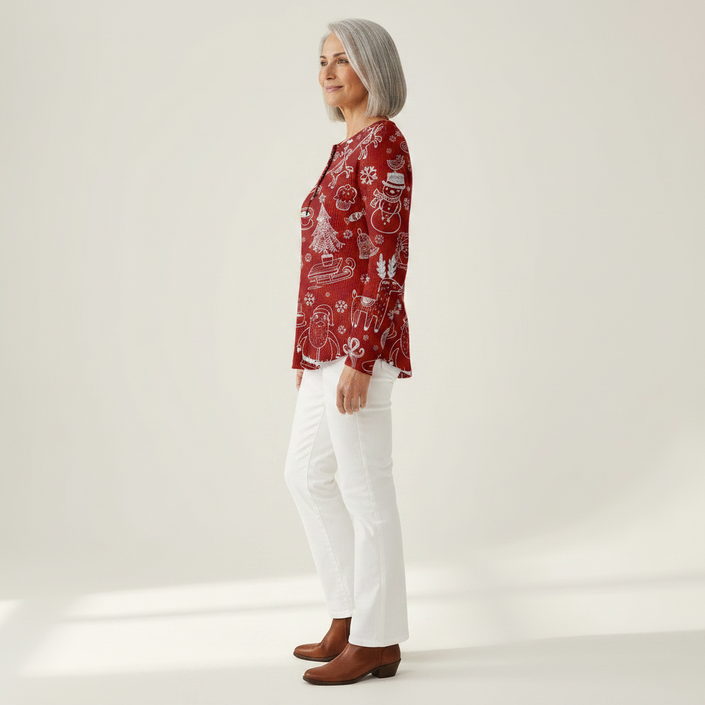 Renske - Pull de Noël rouge à motifs blancs